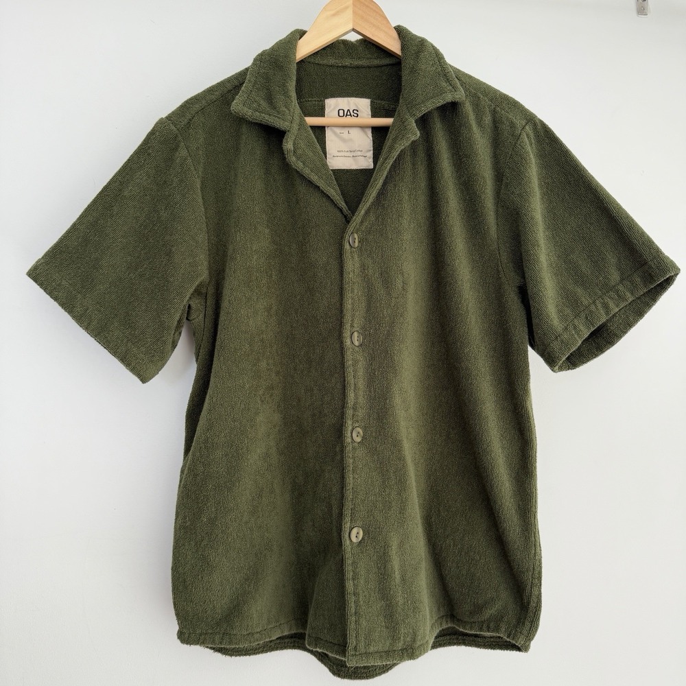 OAS Polo Shirt Mens Large Green Army Cuba Terry Cloth Cotton Button Front Beach